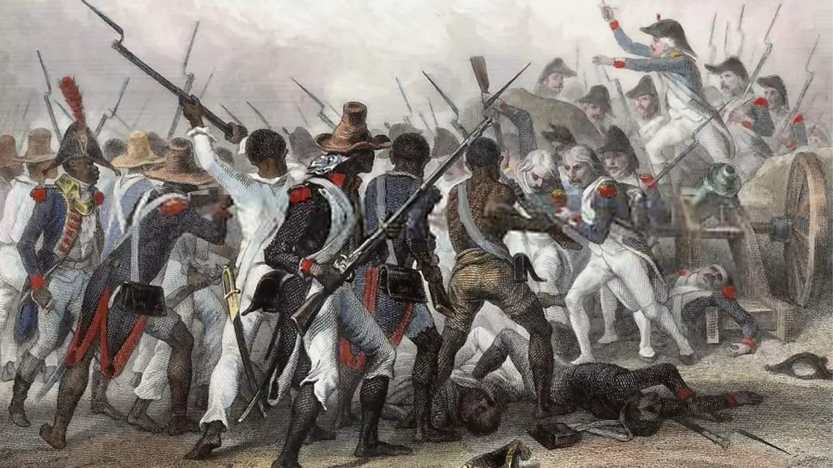 Revolução escrava haitiana. Combate contra os colonizadores franceses. From Histoire de Napoléon, by M. De Norvins, 1839